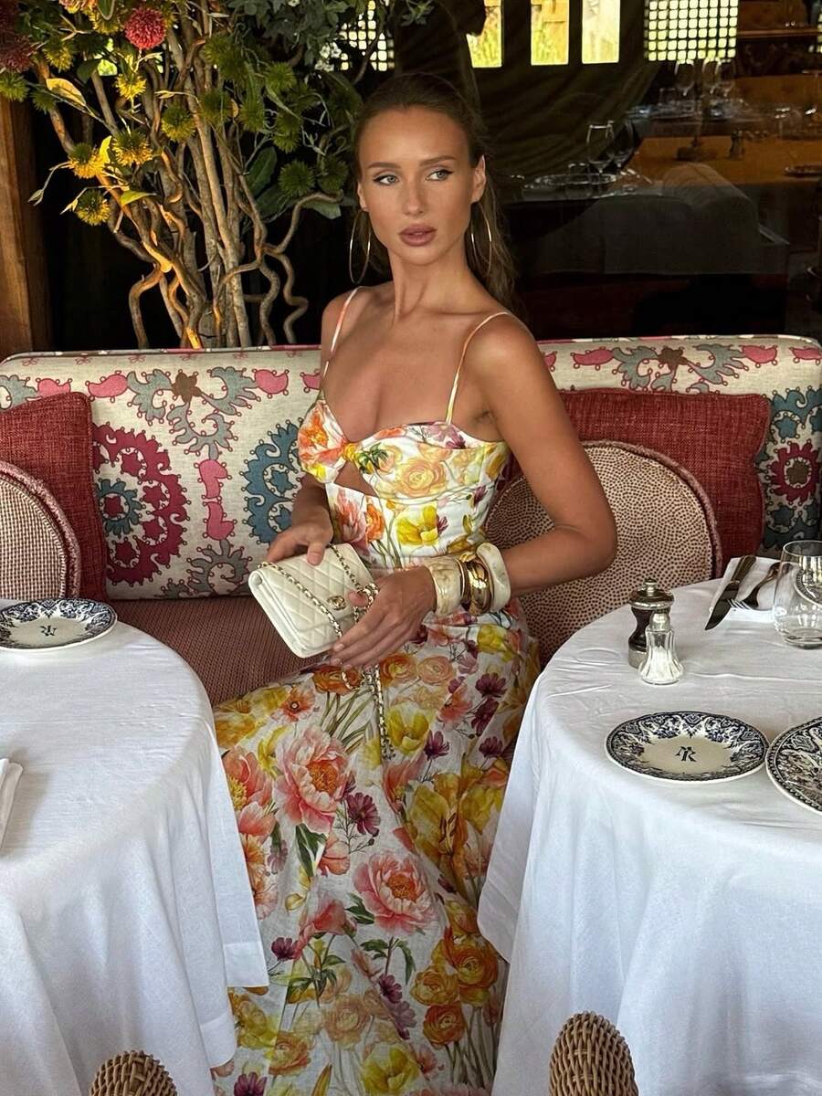 Fashionable Vacation Style Random Print Spaghetti Strap Hollow Out Twist Back Dress - White - View 1