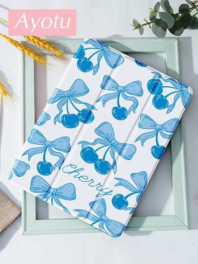 1个蓝色蝴蝶结樱桃图案平板电脑保护套和Kindle电子书保护套，兼容iPad 10代、iPad 11/Air 4/Air 7/9.7英寸，兼容三星Galaxy Tab A9 Plus、Kindle（11代-2024年发布）（6英寸）、Kindle Paperwhite 12代（2024年发布），绝佳节日礼物，时尚简约图案。