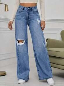 High Quality Casual Distressed Pocket Design Wide Leg Jeans - 藍色 - 查看 3