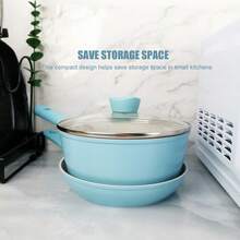 ABKOK 1件/2件装18厘米不粘煎锅和汤锅炊具套装 - 节省空间，专为单身人士和情侣设计，适用于炉灶、电磁炉和燃气灶，可单独购买单个锅具或整套炊具。 - 藍色 - 查看 5