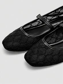 ADAMUMU Flat Shoes, Fashion Women's Ballet, Embroidered Lace Mesh Fabric Fashion Dance Shoes, Solid Color Breathable Casual Flats, Square Toe Light Color Flat Shoes, Fashionable And Comfortable - Black - View 7