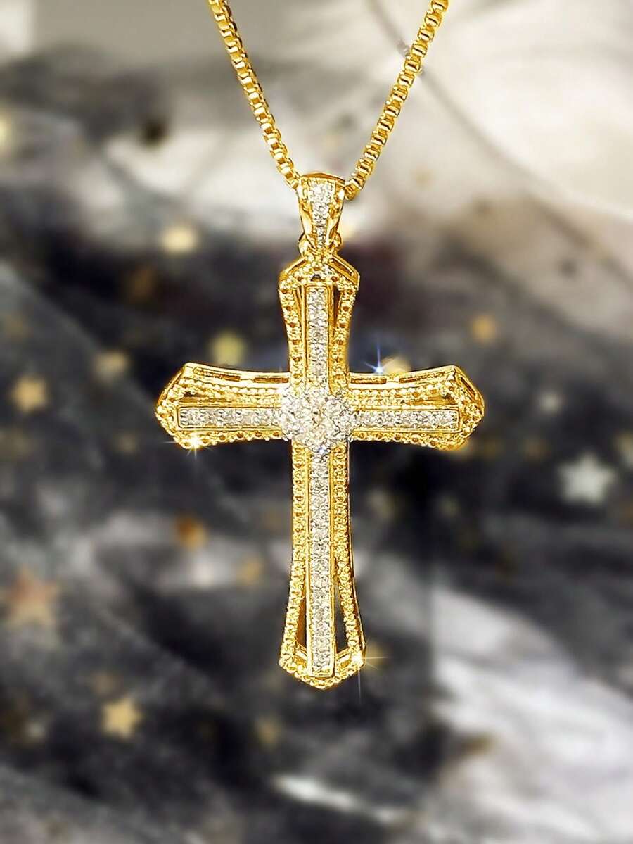1 chiếc dây chuyền mặt thánh giá mạ vàng đính đá Cubic Zirconia sang trọng, quà tặng cho nữ, trang sức cưới.
