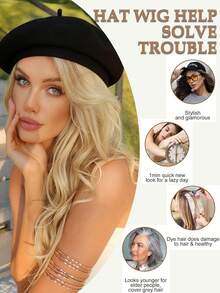 帽子 + 26 英寸可拆卸合成纤维假发，高温合成纤维金色卷发，适合日常佩戴。 - 金色 - 查看 7