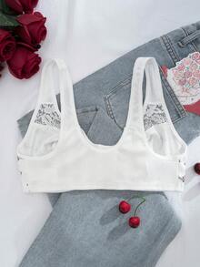 Women's Front Closure Bra, White Lace Patchwork Floral Print, Comfortable - White - View 7