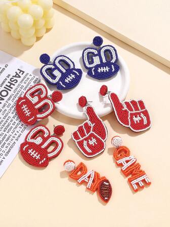 A Pair Handmade Football Rice Bead Pearl Earrings - Vintage Handmade Letters "GAME DAY" "GO" "#1 Gesture" For Game Day Outfits, Sports Parties, Fan Gatherings