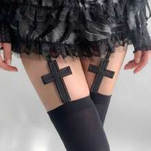 1pc Y2K Punk Style Cross Design Suspender Stockings, Sexy Black Thigh High Gothic Socks For Slim Millenial Gal, Cozy - 常規款 - 查看 5