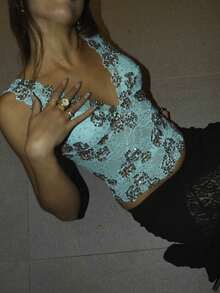 Women Y2K Sequin Camisole Sparkly Beaded Backless Tank Top Spaghetti Strap Low Cut Crop Cami Bling Deep V-Neck Disco Party  Vest Summer Going Out Top Nye Celebration Outfits Cocktail Attire - 綠色 - 查看 2