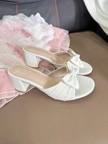Cute New Thick Heel Round Toe Sandals With Bow Tie, Elegant & For Party, Prom, Banquet - White - View 5