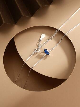 1入組S925純銀項鍊帶藍色的寶石吊墜,精美&優雅,簡約風&時髦鎖骨鏈條適合女士,理想禮品適用於,合適的適用於日常穿著