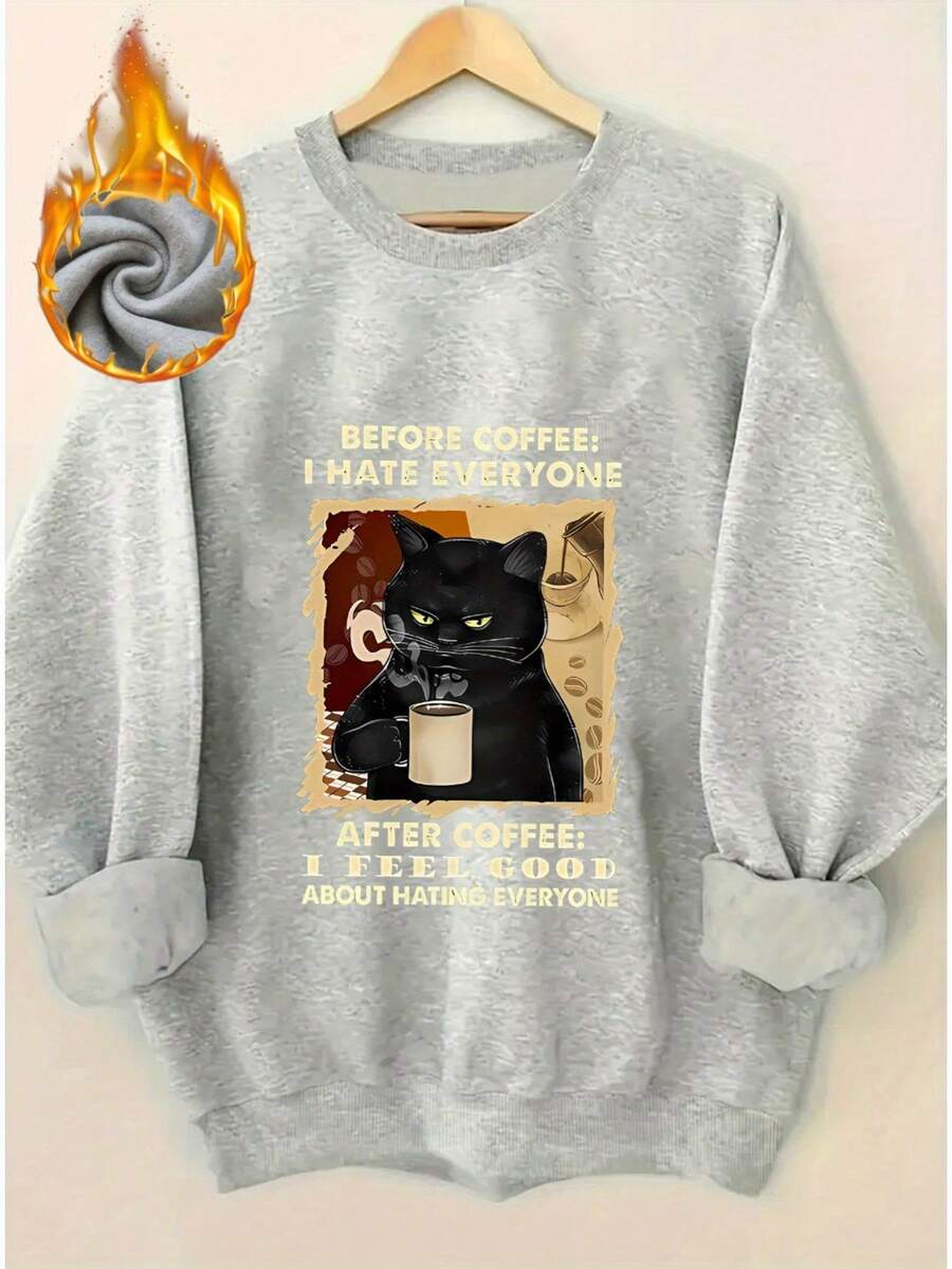 Women's Funny Coffee Cat Sweater - Pastel Pink With "Before Coffee I Hate Everyone" Saying - Thickened Pullover Sweater For Coffee Lovers - Soft Pink Sweater For Everyday Or Formal Outfits - Funny Gift For Women - Machine Washable All-Season Casual Sweater With Black Cat & Coffee Print - 淺灰色 - 查看 1