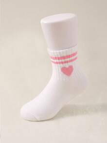 10双装儿童白色随机条纹爱心图案弹力软袜，适合日常生活和运动，百搭休闲，透气舒适，适合1-16岁儿童和青少年。 - 彩色 - 查看 3