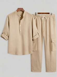 男士轻薄透气休闲纯色立领长袖衬衫，袖口设计，宽松薄款，搭配纯色长裤，适合外出和通勤，两件套 - 杏色 - 查看 2