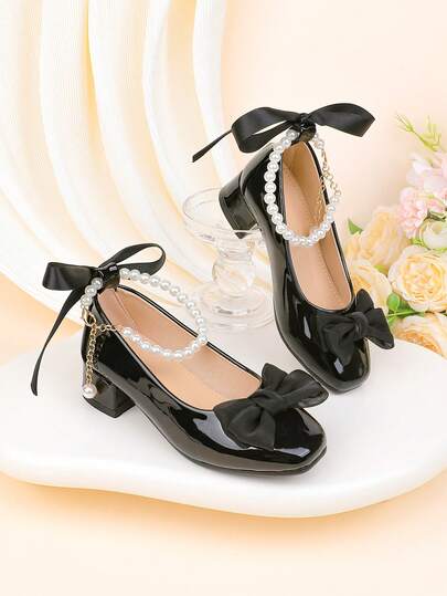 Girls' Fashion Black Simple Bow Pearl Decor Chunky Heel Dress Shoes, Suitable For Formal Occasions, Parties, Weddings, Performances, Ballet, Princess Style, Comfortable And Versatile For Toddlers, Little Girls, And Big Girls