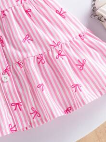 女婴夏季度假学院风粉白条纹蝴蝶结印花短袖连衣裙 - 粉色 - 查看 6