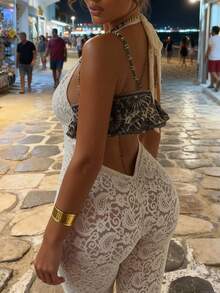 2026 Spring/Summer Women's Sheer Lace Jumpsuit, Deep V Backless Paisley Print Vacation Party Jumpsuit, Elegant, Sexy, Young, Spring/Summer, White, Spaghetti Strap, Sleeveless, Lace, Medium Stretch, High Waist, Knee Length, Fitted, Valentine's Day