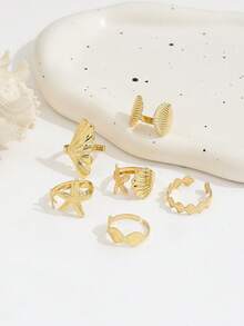 6pcs Vintage Metal Ocean Starfish Shell Open Ring Set, Suitable For Women Summer Holiday Party Beach Accessories - Yellow Gold - View 3