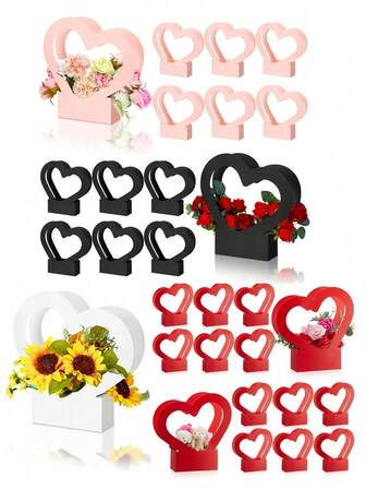 2 piezas Cajas de regalo con forma de corazón y flores, bolsas para ramos, cestas plegables con asas, adecuadas para arreglos florales del Día de San Valentín, bodas, Día de la Madre, decoraciones del Día de San Valentín, fiestas del Día de San Valentín, regalos del Día de San Valentín, suministros para fiestas del Día de San Valentín, suministros para decoraciones festivas