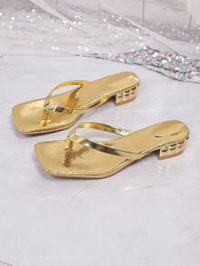 Sandal Selop Ujung Persegi Terbaru Musim Panas, Sandal Jepit Hak Tipis, Sandal Jepit Serbaguna untuk Aktivitas Luar Ruangan Wanita - Emas - View 4
