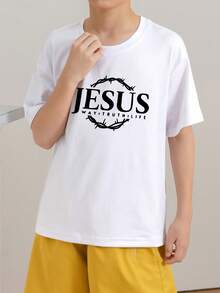 男童及青少年休闲图案印花圆领短袖T恤，夏季上衣