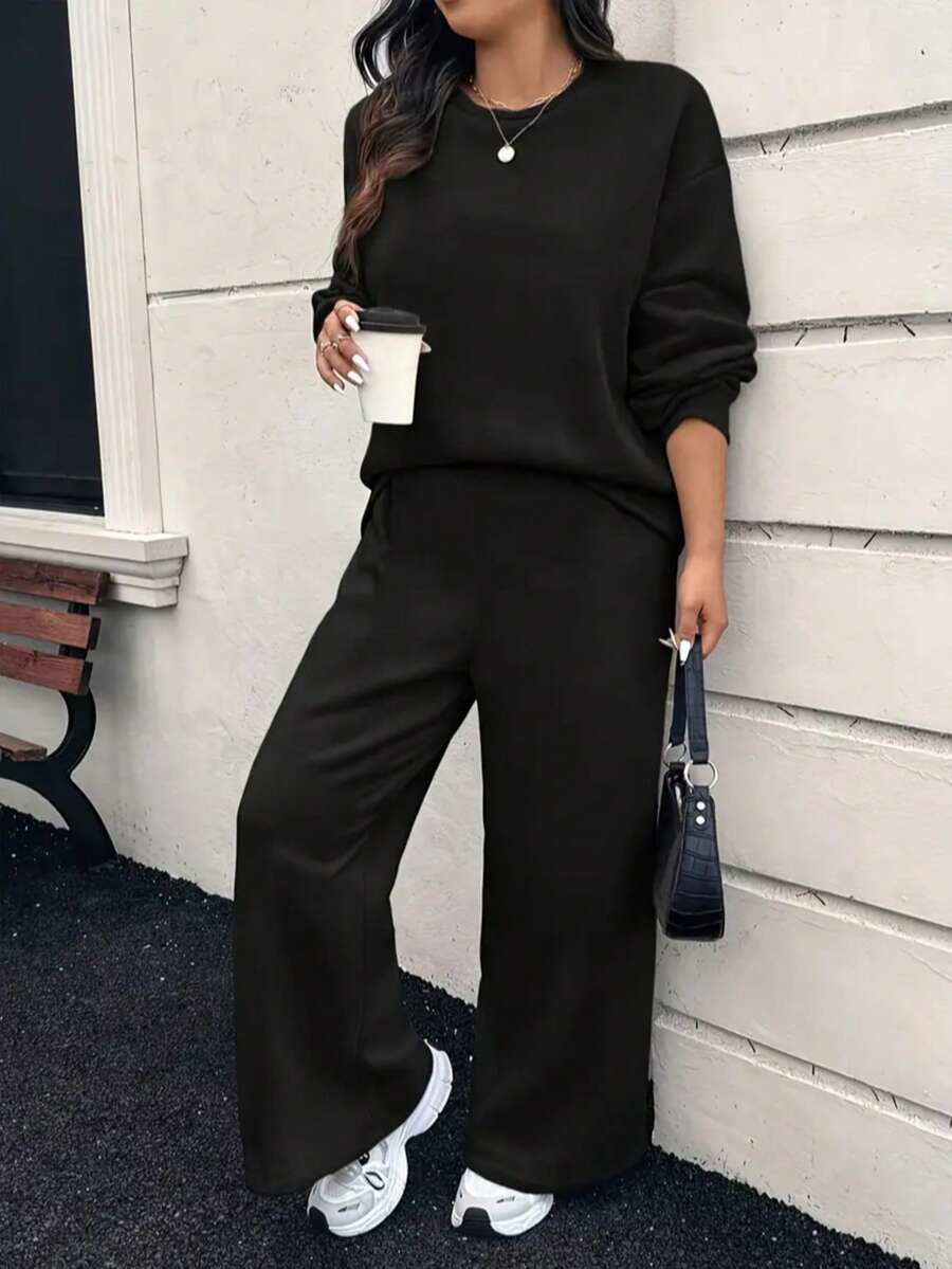 Women's Vintage Print Crew Neck Heavyweight Long Sleeve Sweatshirt And Wide Leg Pants Set, Autumn/Winter - Black - View 1