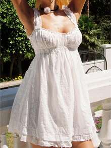 Women Summer Sleeveless Dress Floral Embroidery Loose Party A-Line Dress For Beach Club Streetwear - trắng - Xem 1