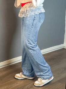 Women Casual Straight-Leg Jeans, Fashion Simple Style, Button, Zipper, Solid Color Denim Pants,Suitable For All Occasions - 淺藍色 - 查看 3