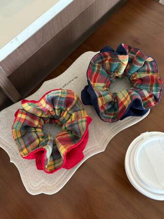 Coletero de doble capa con estampado a cuadros rojo y azul, estilo coreano, con alta elasticidad, nuevo accesorio para el cabello de invierno