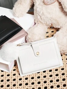 With A Pom-Pom Charm,Wine Red Letter Detail Fold Over Small Wallet Pocket Wallet Small Purse Bifold Slim Women Wallet Lightweight Portable Credit Card Key Case Short Wallet Cute Modern Fashion For Birthday Gift Christmas Anniversary Women Girls Lady,Business,For Anniversary,For Christmas,On Valentine Day,For Birthday Gift,For Gift,For Lover For Women,For Girls,For Lady,For Female,Bag School Supplies For School Dorm Room & Back To School - Burgundy - View 6