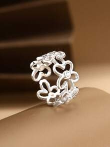1pc S925 Sterling Silver Hollow Flower Rhinestone Adjustable Open Ring, INS Minimalist Chic Versatile Unique Silver Ring For Women Valentines - Silver - View 5