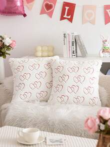 1件/2件装情人节镂空白色双心刺绣抱枕套，田园风暖色调仿毛皮刺绣沙发靠垫套，适用于情人节、餐厅、咖啡馆