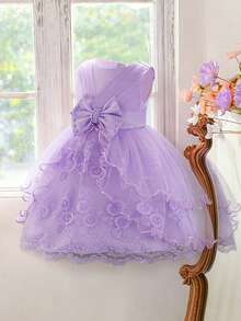 优雅刺绣蝴蝶网纱连衣裙，适合女孩，适合生日派对，不含头饰 - 紫色 - 查看 5