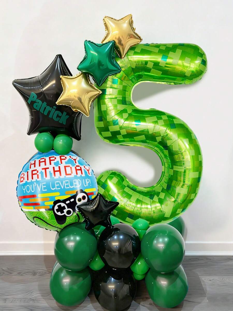 32件套绿色格子游戏主题派对用品，游戏数字生日套装，40英寸像素数字气球，游戏主题生日气球，五角星气球，生日派对装饰，升级版！游戏主题生日派对，生日派对，游戏主题派对，拍照道具，家庭派对装饰，男孩生日