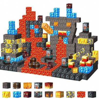Bloques magnéticos de aventura de lava (multisize) - Juguete para padres e hijos, escena de volcán, desarrollo del pensamiento espacial y coordinación mano-ojo, bloques educativos magnéticos