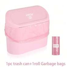 1 Set Car Trash Can With Lid, Side Hanging Garbage Bin With Trash Bag, Cute & Practical Car Trash Can And Trash Bag - Pink - View 2