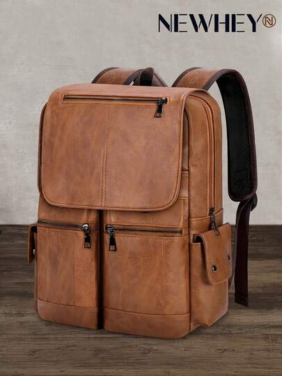 NEWHEY 15.6英寸笔记本电脑背包，适合男士和青少年 - 大容量PU皮革背包，防水轻便，商务休闲翻盖设计，是工作、学习、通勤和旅行的理想之选。