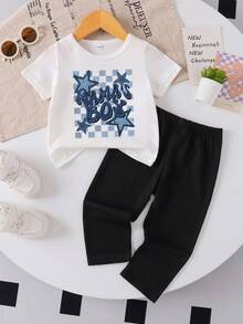 Baby Boy Letter Print T-Shirt And Pants Set, Casual Outfit For Spring/Summer - Black and White - View 2