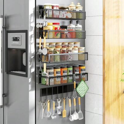 Magnetic Spice Rack For Refrigerator 6 Pack Magnetic Shelf Fridge Magnet Organizer With Moveable 12 Hooks Magnetic Fridge Shelf For Kitchen Organization And Storage 6 Pack