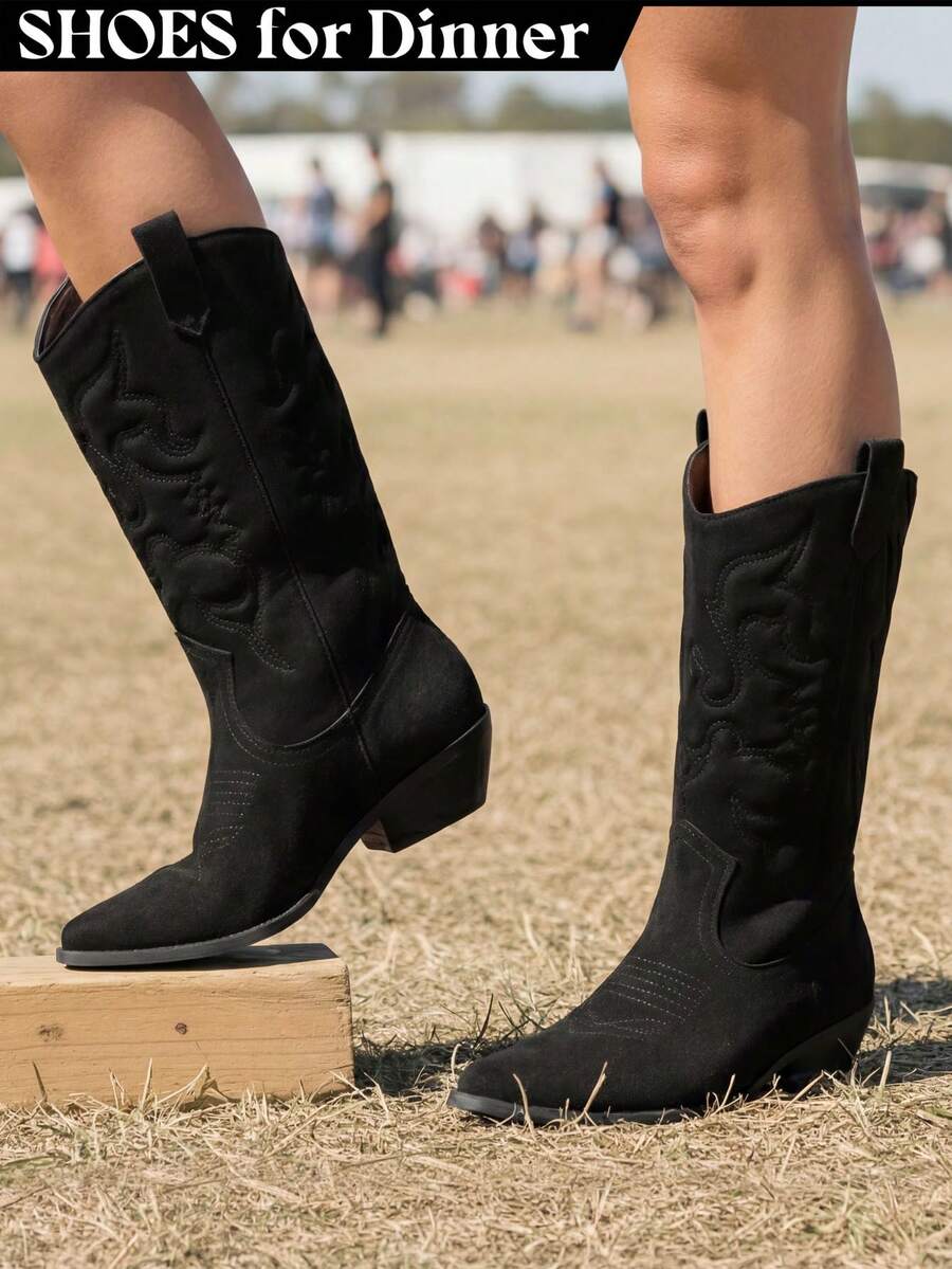 Women's Embroidered Cowgirl Boots For Outdoor Music Festival Black White Brown Mid-Calf Pull-On Block Heel - 深灰色 - 查看 1