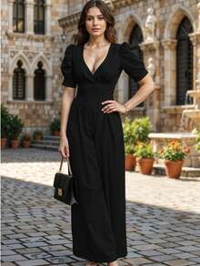 Mono Largo Escote Profundo Maxi Manga Abullonada Silueta Ajustada Cintura Definida Caída Fluida Mujer Casual y Elegante - Negro - Ver 1
