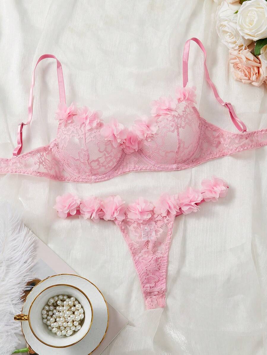 Style Dream Women's Sexy Lingerie Pink Bra Set, Exaggerated 3D Floral Lace Bra, Sweet & Charming Adjustable Panty, Romantic Intimate Bedroom Atmosphere - 粉色 - 查看 1