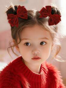 2 件装女孩天鹅绒红色蝴蝶结发夹，可爱秋冬和新年发饰 - 紅色 - 查看 2