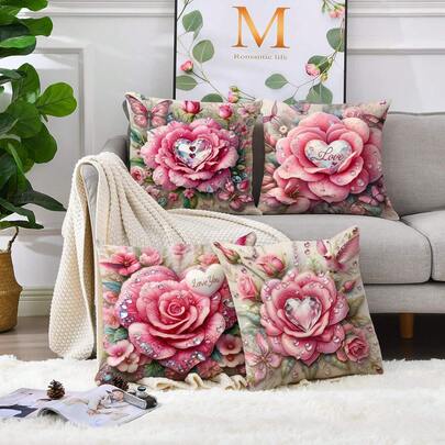 4件套单面印花抱枕套，图案包括花卉、蝴蝶、小鸟和心形宝石，柔软舒适的涤纶材质，尺寸为45x45厘米（17.72x17.72英寸），拉链封口，可机洗，适用于家居装饰、客厅、卧室、花园、办公室、咖啡厅、酒店、情人节、婚礼、户外等场合。（仅含抱枕套，不含枕芯）