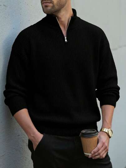 LOOKUN Vintage Style Men's Sweater, Casual Loose Solid Color Textured Zip-Up Cardigan Long Sleeve Knit Pullover For Work & Business