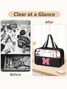 1pc Multi-Functional PVC Toiletry Bag, Transparent PVC Cosmetic Bag, Large Capacity Makeup Bag, DIY Letter Design Makeup Bag, Waterproof Travel Organizer Bag, Minimalist Letter Patch Travel Cosmetic Bag, Suitable For Cosmetics, Perfume, Beach, School, Bathroom, Festivals, Mother's Day, Christmas, Great Gift For Mom, Family, Friends, Unisex Travel Toiletry Bag, Bathroom Makeup Bag,Makeup Bag,Travel Essential - Black - View 5