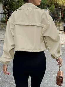 Womens Outdoor Cropped Jacket Zip Up Lightweight Oversized Utility Anorak Coat With Pockets For Camping Hiking Streetwear - Màu be - Xem 4