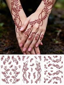 1 Sheet Flower Henna Tattoo Sticker Waterproof Brown Hand Tattoo Sticker For Women Party Decals Mehndi Designs Wedding Body Decor Stickers - Brown - View 1