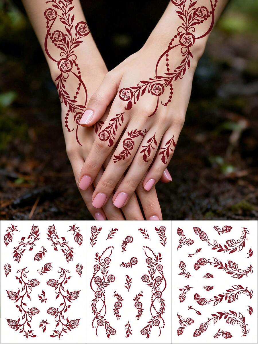 1 Sheet Flower Henna Tattoo Sticker Waterproof Brown Hand Tattoo Sticker For Women Party Decals Mehndi Designs Wedding Body Decor Stickers - Brown - View 1