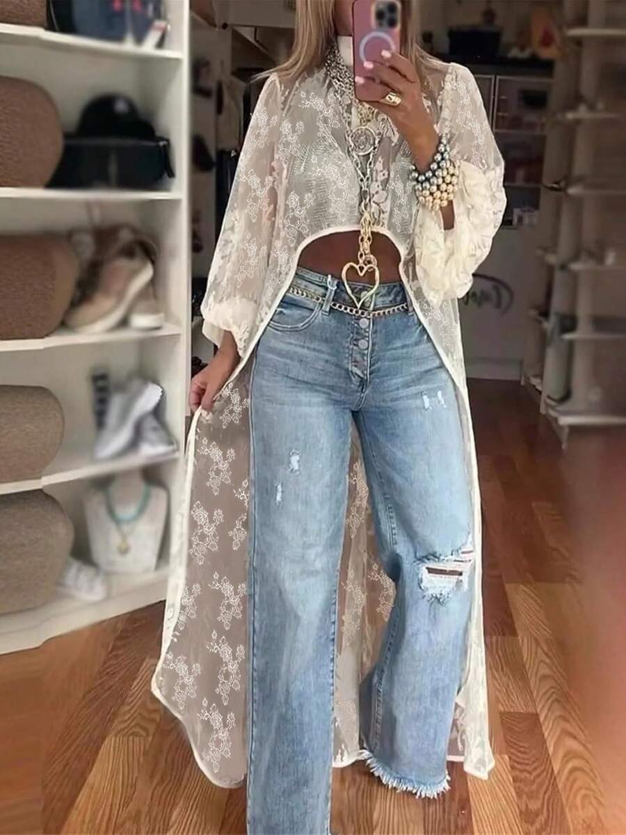 Awevudst Women Lace Floral Embroidery High Low Tops Half Sleeve Puff Sleeve Mock Neck See Through Sheer Blouse Tops Casual Asymmetrical High Low Dress Summer Swimsuit Bikini Cover Up Party Clubwear - 白色 - 查看 1