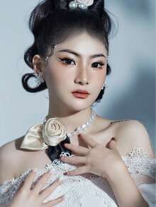 قلادة زهرة الشمبانيا الساتان الفرنسية الأنيقة قطعة واحدة، إكسسوار مجوهرات العروس، مناسبة لتصوير الزفاف، مواعيد الحديقة، العشاء الرومانسي، الحفلات، عيد الحب - متعدد الألوان - مشاهدة 6