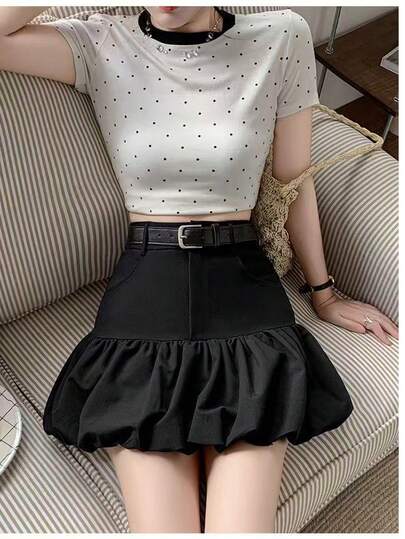 Midriff-Baring Slimming Skirt, Crisp & Wrinkle-Resistant High-Waisted Mini Skirt With Ruffle Hem, Flirty Vibe, Suitable For Dates, Afternoon Tea, Shopping, Hangouts With Friends, Casual Outings In Spring/Summer